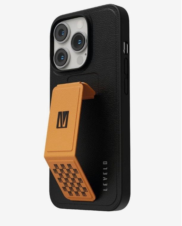 جراب هاتف Levelo Morphix Gripstand لهاتف iPhone 14 Pro مصنوع من جلد PU - برتقالي