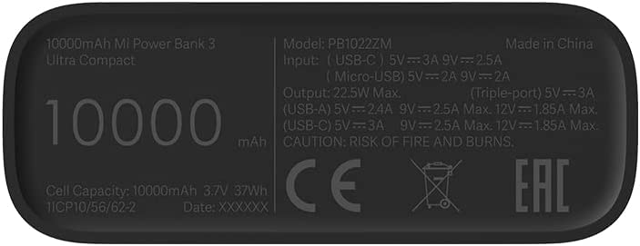 Xiaomi Mi 10000 mAh Power Bank 3 Ultra Compact Portable Battery, Black
