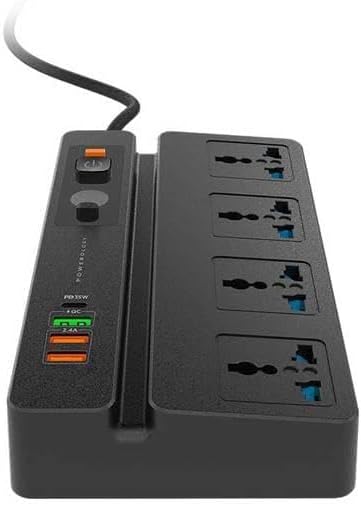 Porodo 4 AC 3 USB & USB-C PD 35W Multiport Socket 3M 3000W UK - Black