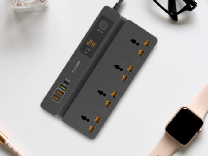 Porodo 4 AC 3 USB & USB-C PD 35W Multiport Socket 3M 3000W UK - Black