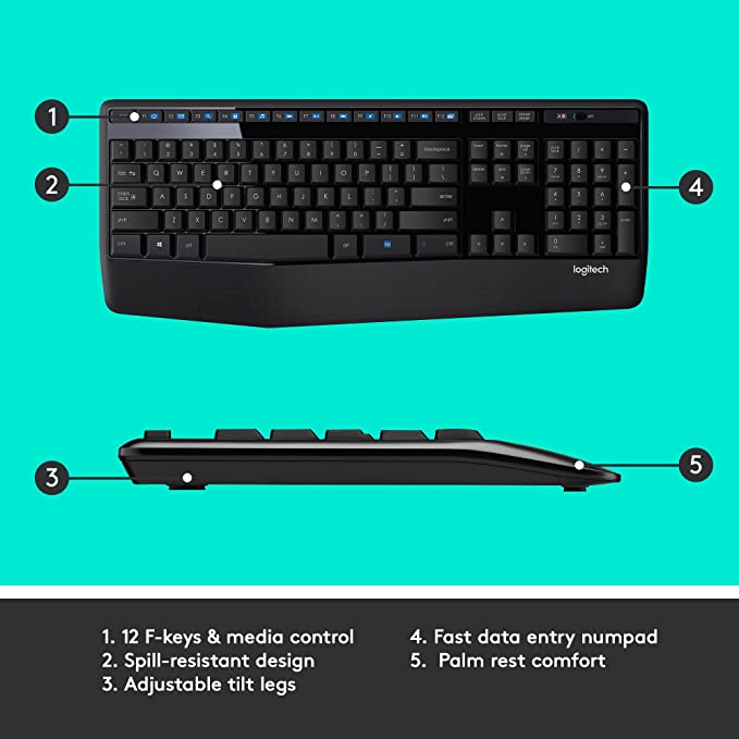 Logitech MK345 Wireless Combo, Full-Sized Keyboard, Palm Rest - Black