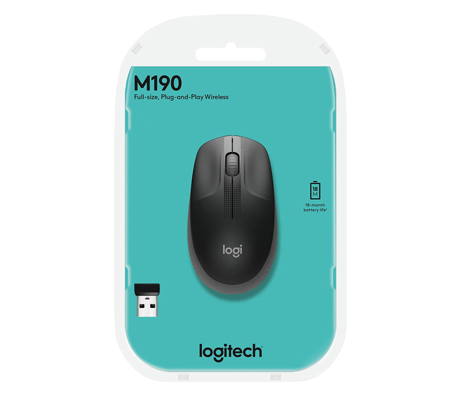 Logitech M190 Full-Size Wireless Mouse, 2.4GHZ - Charcoal