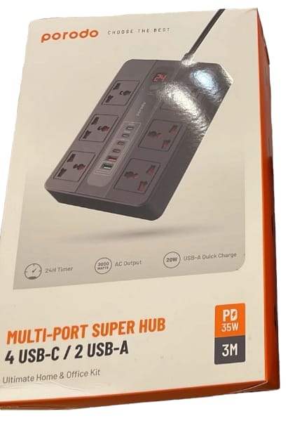 Porodo 6 AC 2 USB-A 24W & 4 USB-C PD 36W Multi- Port Super Hub 3M 3000W UK
