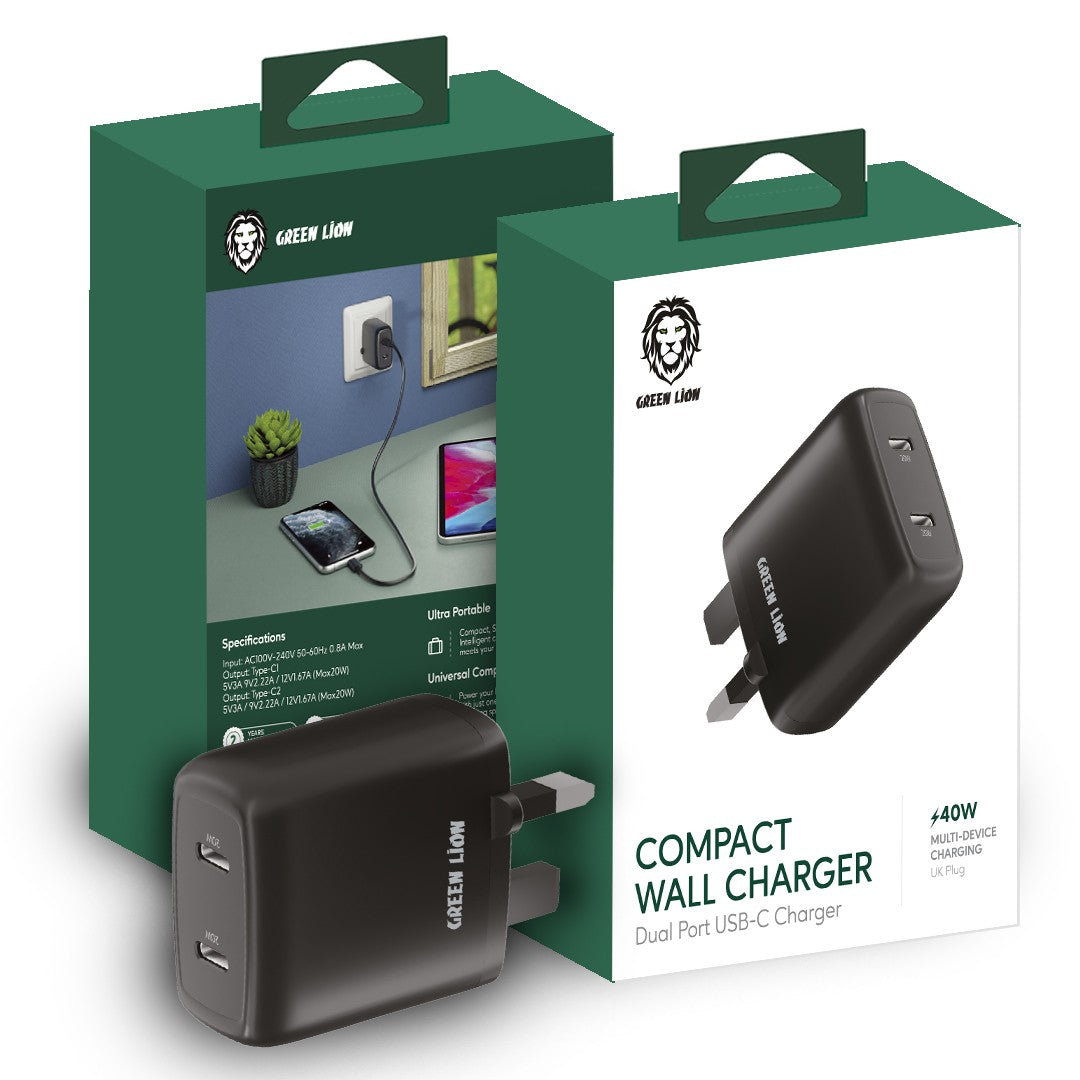 Green Lion Dual Port USB-C Wall Charger 40W UK - Black