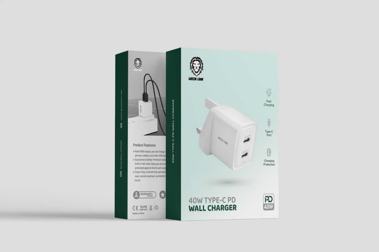 Green Lion Dual Port 40W Type-C PD Charger, Multi-Device Charging, White