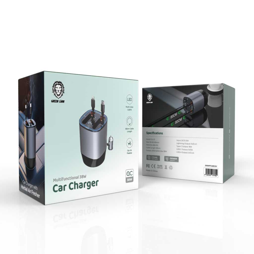 Car Charger Multifunctional Green Lion 38W - 80cm Cable length - Gray