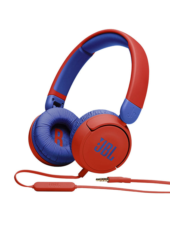 JBL Jr 310 Kids Wired On-Ear Headphones, Safe Sound, Built-In Mic, RED