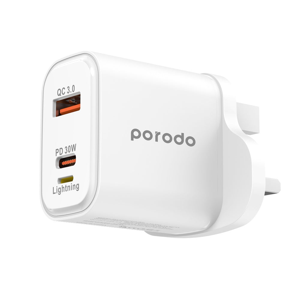 Triple Port PD QC Lightning 30W Wall Charger with Braided USB-C- White
