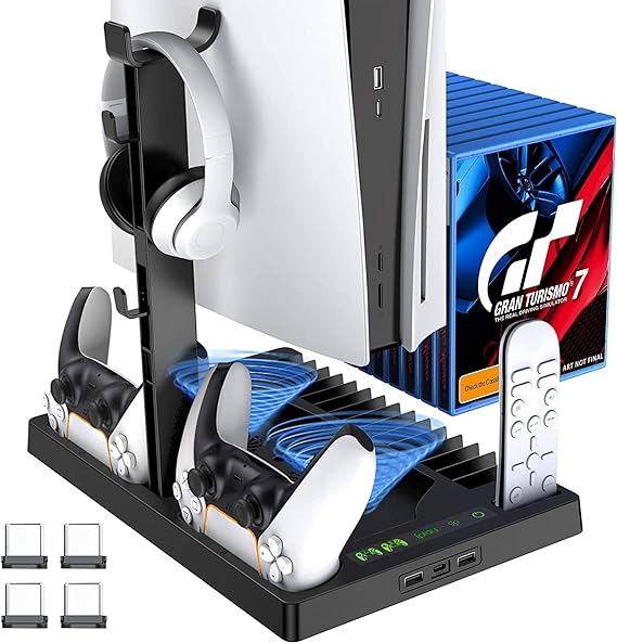 Vertical Cooling Stand for PlayStation 5 Console and Charging Station Dock with Headset Organizer with 15 Game Slots