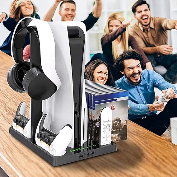 Vertical Cooling Stand for PlayStation 5 Console and Charging Station Dock with Headset Organizer with 15 Game Slots