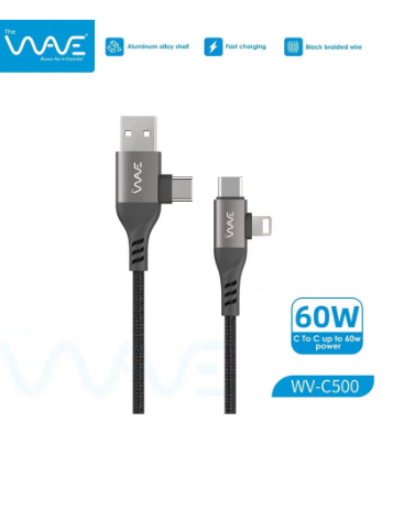 Wave wv-c500 4 in 1 Universal type C Cable, 60W Data Transfer Power Braided Cable 1Meter - Black